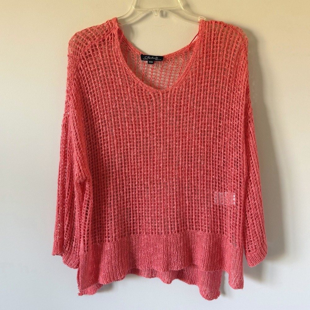 Charlie B Womens Coral Pink Open Knit V-Neck Sweater 3/4 Sleeve M Beachy Coastal